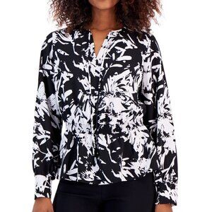 Alfani Petite XL White & Black Printed Smocked Blouson Long-Sleeve Top NWT